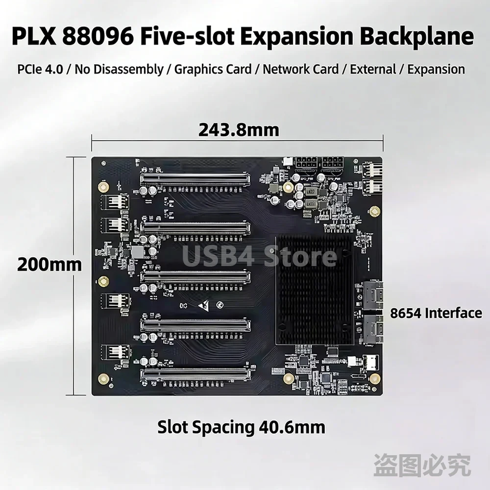 PLX88096 PCIe4.0 5-Slot X16 GPU Expansion Backplane 40.6mm Slot Pitch SFF-8654 SlimSAS Switch MultiGPU Mining AI Server Splitter