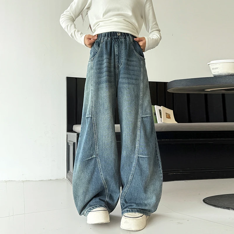 

Зимние джинсовые брюки для девочек, свободные брюки в корейском стиле на флисовой подкладке, толстые повседневные брюки для детей