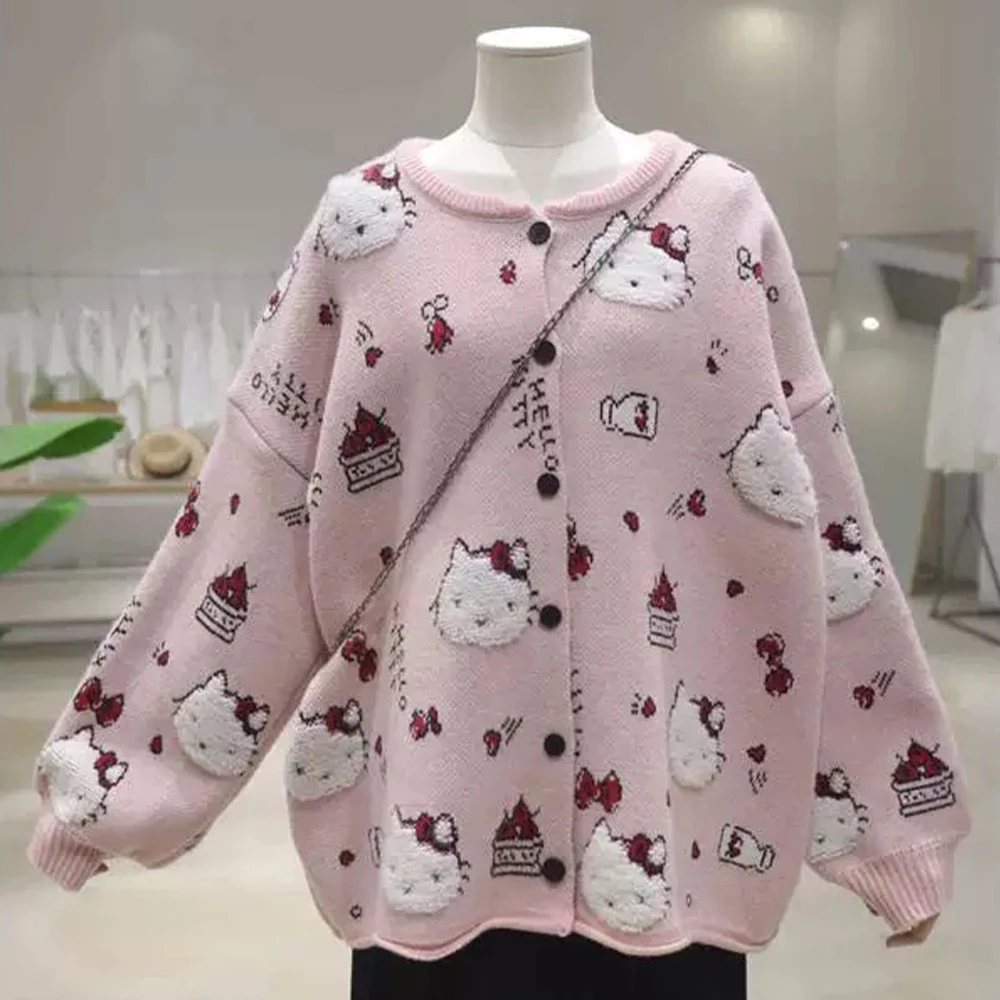 

Kawaii Hello Kitty вязаный кардиган свитера женские Sanrio аниме топы осень-весна студентка милые свободные модные стильные топы в консервативном стиле