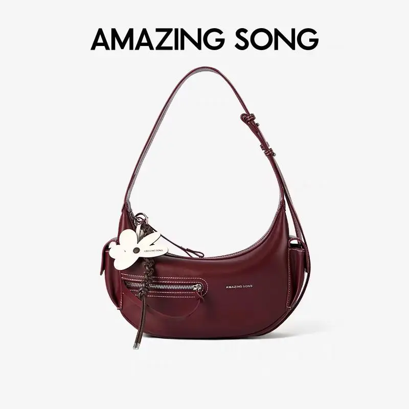Amazing Song Fashionable Sweet Wine Crescent Bag 2025 New Design Leather Shoulder Bag for Women