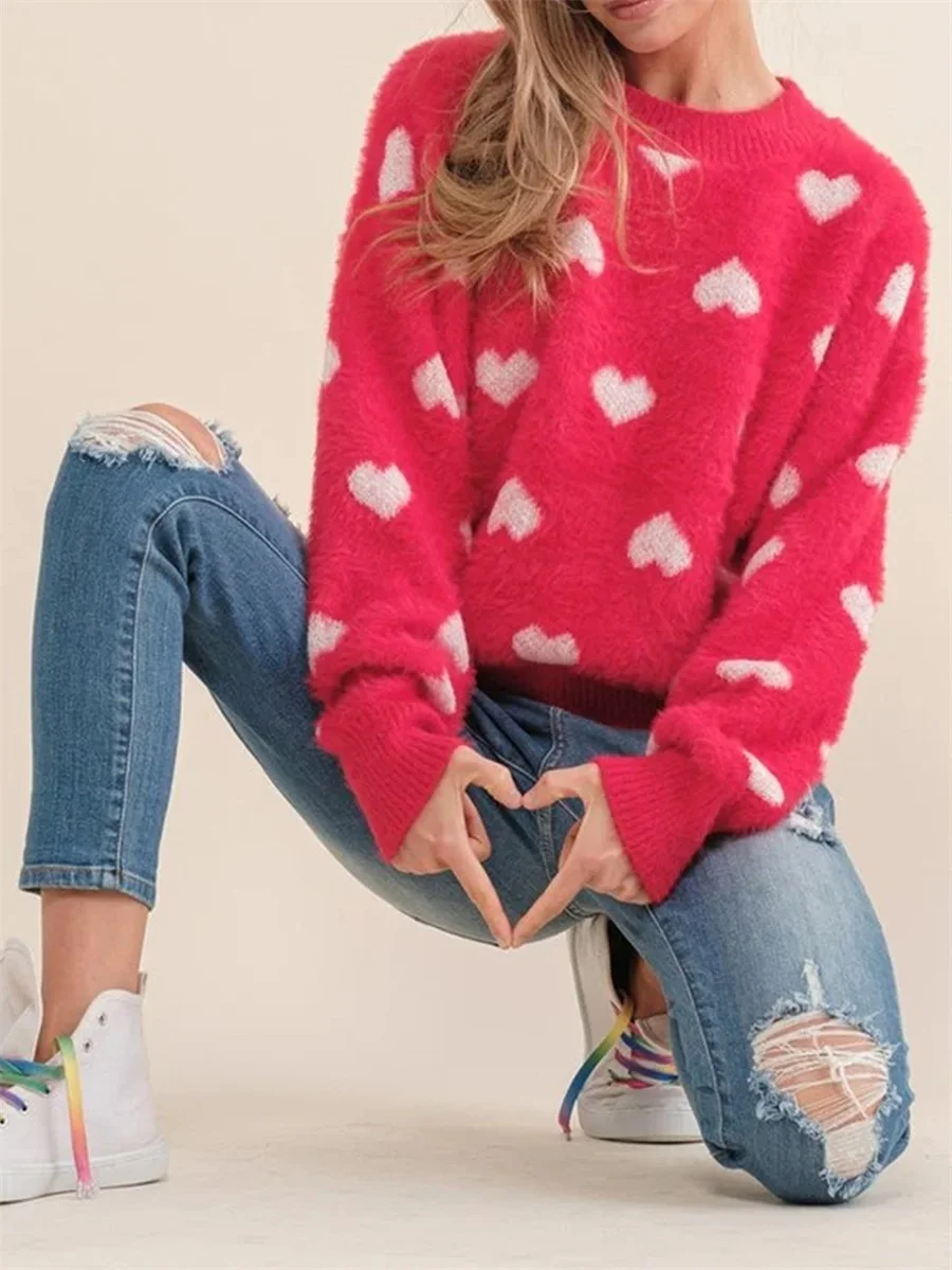 Valentine s Day Women s Red Heart Print Knit Sweater with Long Sleeves and Round Neckline Knitwear for a Cozy Look