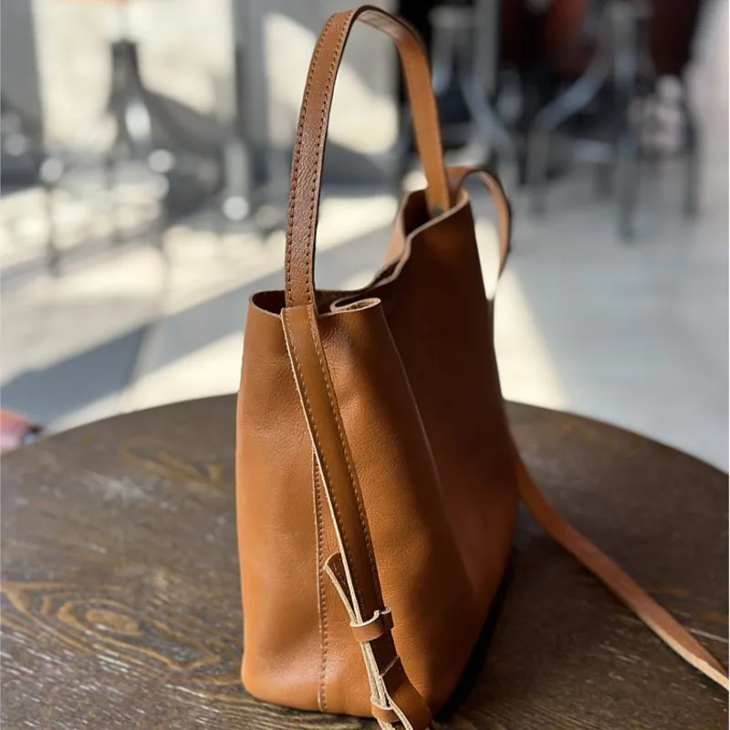 Johnature 2024 New Genuine Leather Simple Bucket Shoulder Bags Vintage Large Capacity Cowhide Solid Color Women Handbag