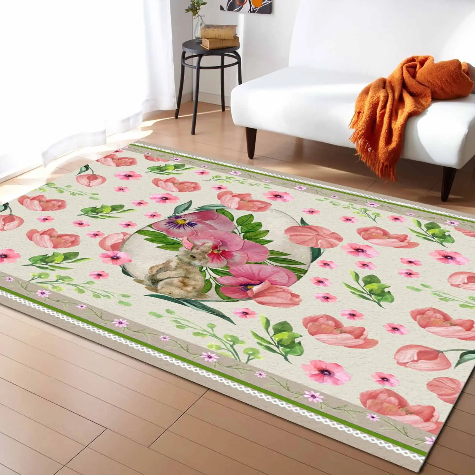 Rabbit Easter Flower Checkered Egg Living Room Floor Mat Children's Bedroom Bedside Carpet Kitchen Door