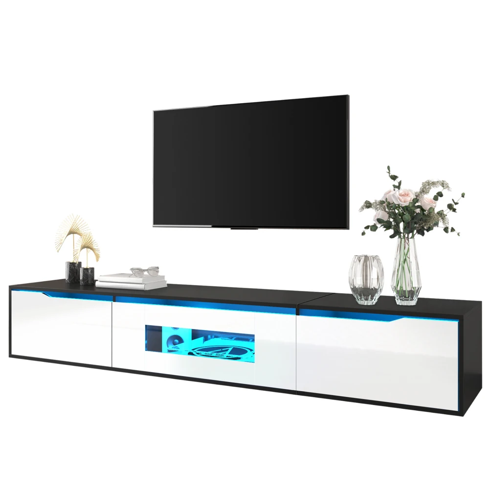 TV-meubel hoogglans, zwart en wit met LED-verlichting USB, moderne tv-standaard met wandmontage en kleurverandering licht, tv-bord