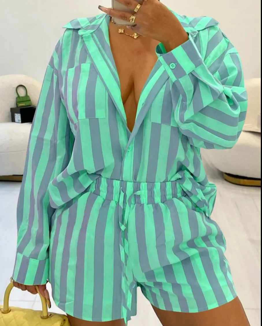 2024 Summer Women Two Piece Set Short Pant Sets Striped Print Long Sleeve Shirts Drawstring Shorts Casual Loose Lady Pants Suits