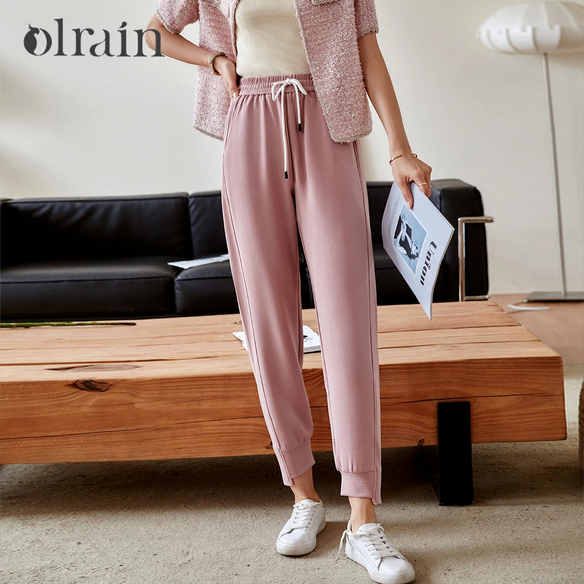 

OLrain High Waist Sweatpants Women 2025 Fashion Commuting Drawstring Pants Full-length Straight Jeans Lady O21QK53133