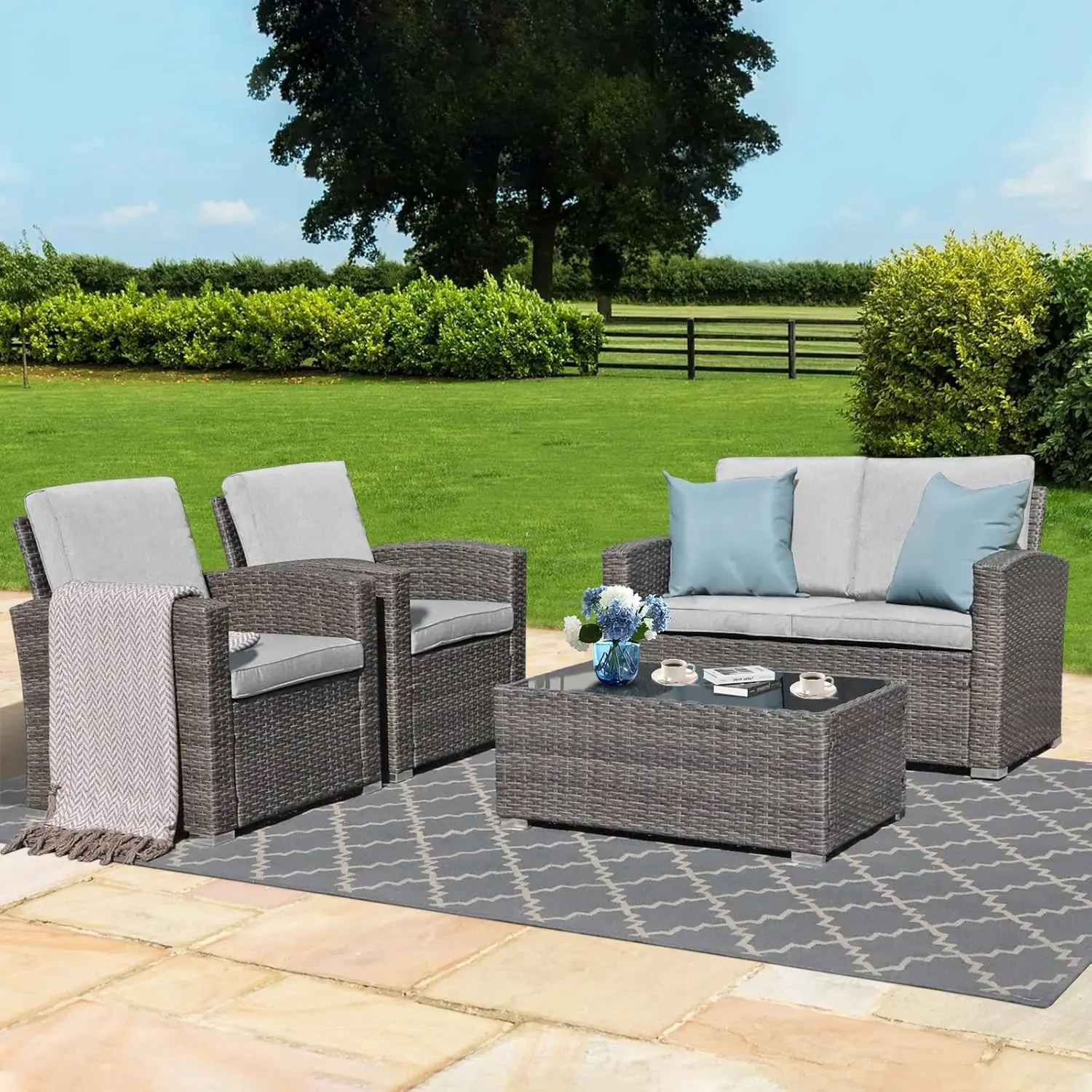 

Garden 4 Piece Patio Conversation Set,Rattan Wicker Patio Furniture Set with Thick Cushions and Tempered Glass Coffee Table