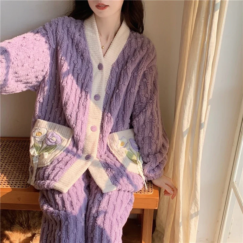 V-neck Coral Fleece Pajama Sets Women Flower Design Sweet Warm Sleepwear Home Casual Girls Plus Velvet Thicker Aesthetic Winter