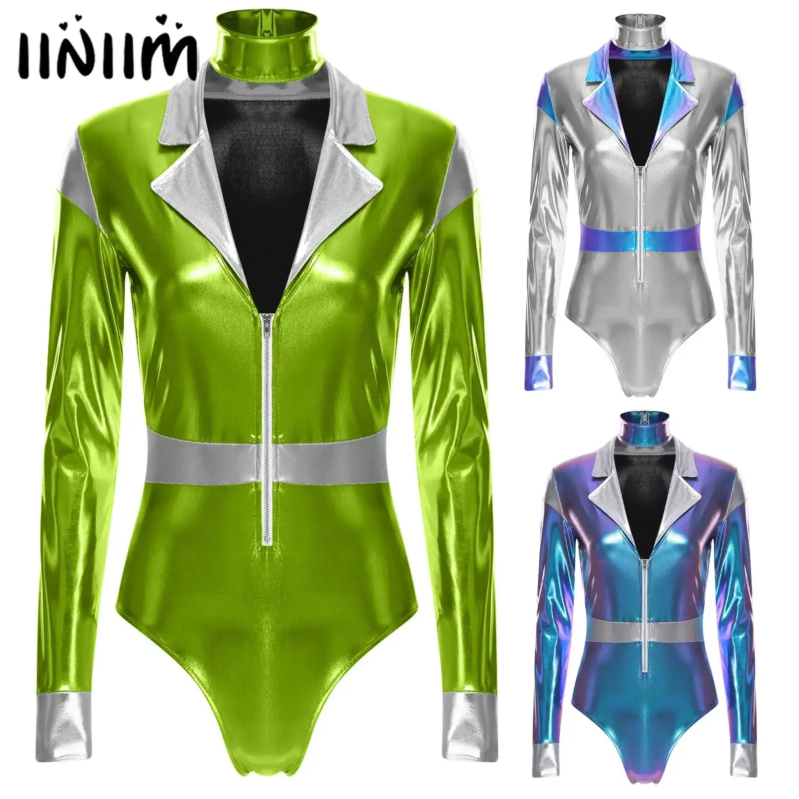 

WomenS Outer Space Fighter Alien Astronaut Carnival Dress Up Halloween Costume Shiny Metallic Long Sleeve Jumpsuit with Choker