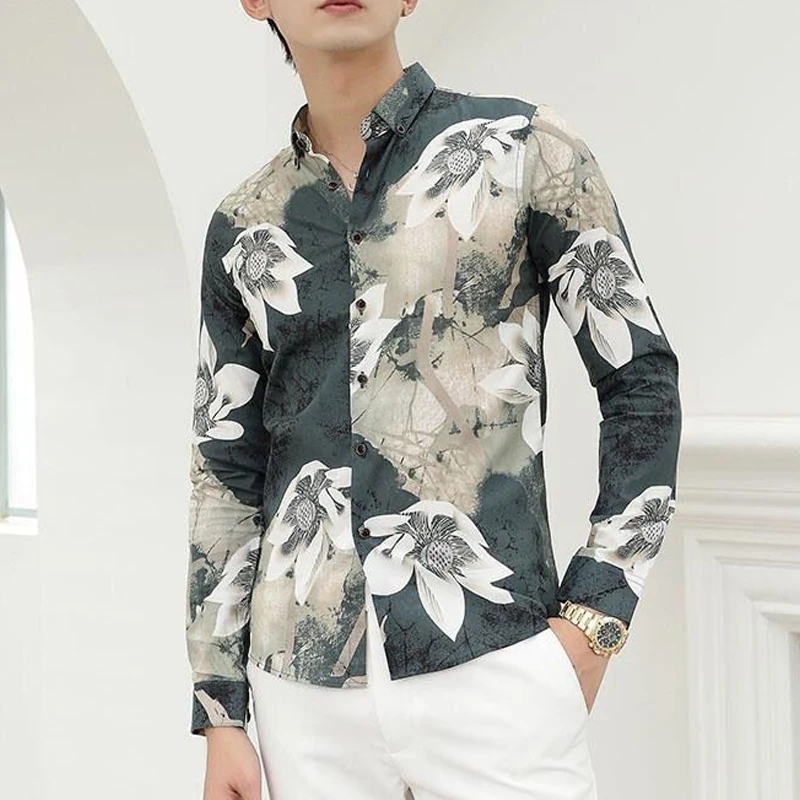 Spring Autumn New Turn-down Collar Fashion Long Sleeve Shirt Man High Street Loose Floral Printing Cardigan Button All-match Top