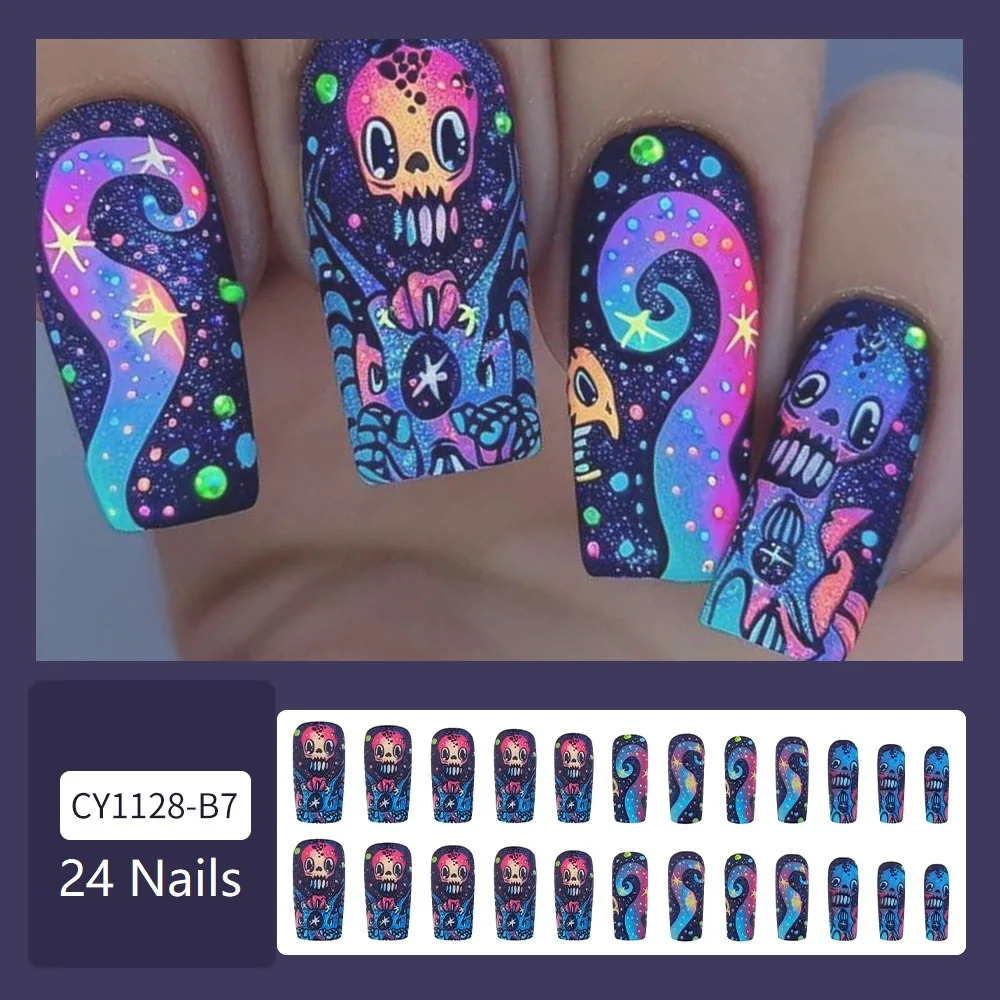 24Pcs Halloween Ghost Long Square False Nails Wearable French Ballerina Fake Nails Press On Full Cover Manicure Nail Tips