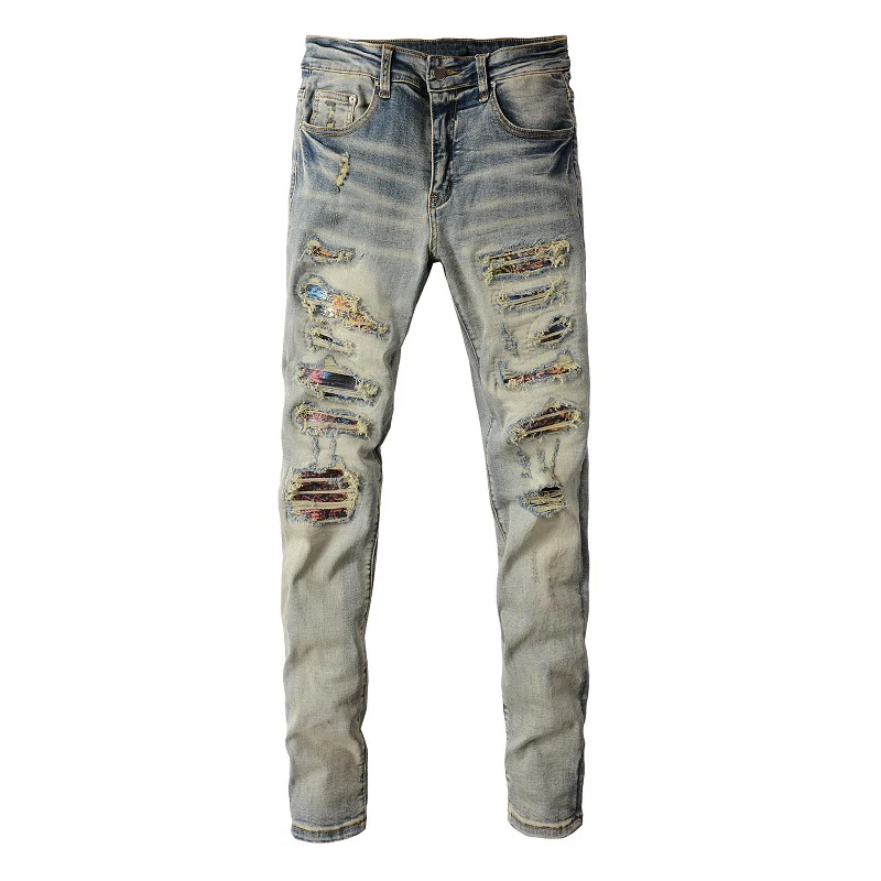 Herren-Jeans mit Riss-Patchwork, Streetwear, Skinny Tapered Hosen, Vintage Stretch-Denim, zerrissene, abgenutzte Hosen – Detail 12