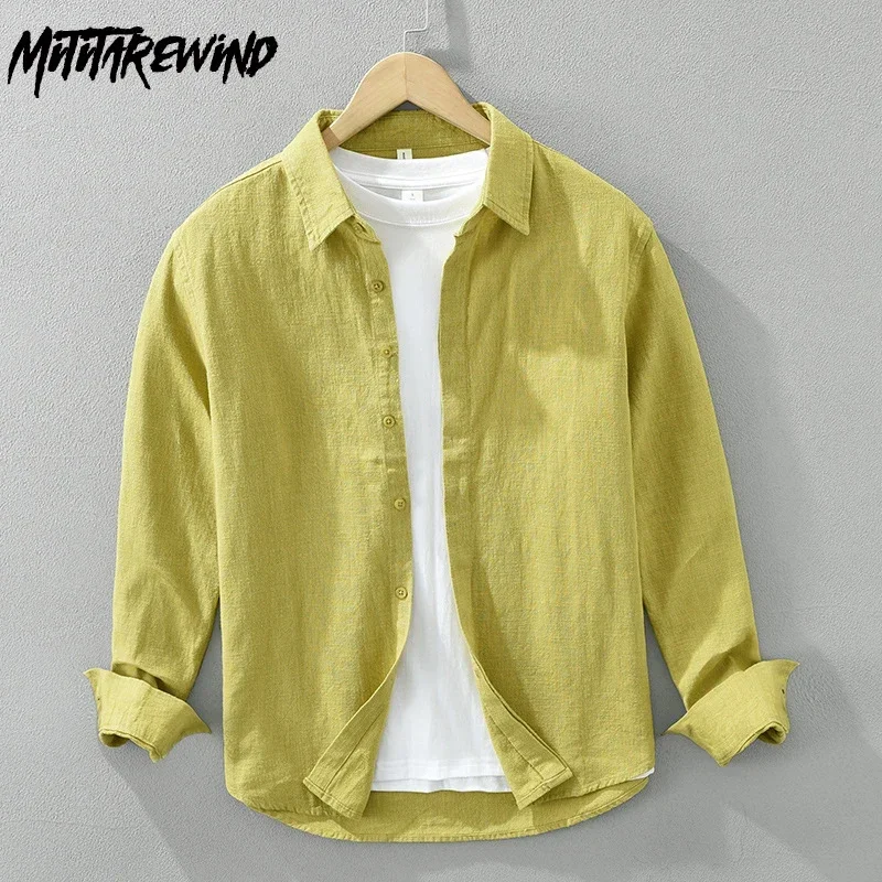 

Японская хлопково-льняная рубашка, мужская весенне-летняя повседневная рубашка, желтая рубашка с лацканами и длинными рукавами, пляжные дышащие топы, простая одежда