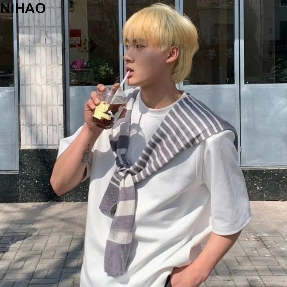 

Fashion Sunscreen Men Knitted Shawl Cloak Korean Style Asymmetry Stripe Scarf Wraps Knotted Fake Collar Wraps Blouse