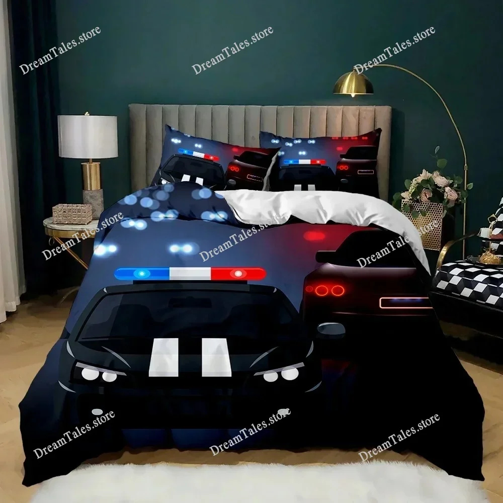 Police Duvet Cover Car Black Policeman Car Twin Bedding Set Cartoon Vehicle Comforter Cover Red Cop Lights Polyester Quilt Cover 4