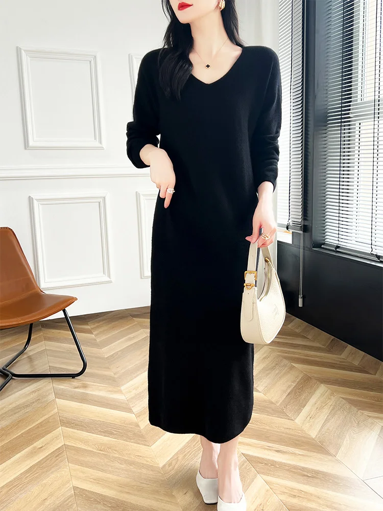 2024 New 100% Merino Wool Women Sweater Dress V-Neck Pullover Long Dress Versatile Cashmere Knitwear Korean Popular Clothing