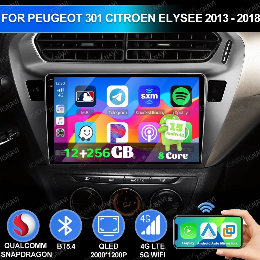 

Android 15 For Peugeot 301 Citroen Elysee 2013 - 2018 Qualcomm 4G LTE BT Navigation Head Unit QLED 5G WIFI GPS Multimedia DSP