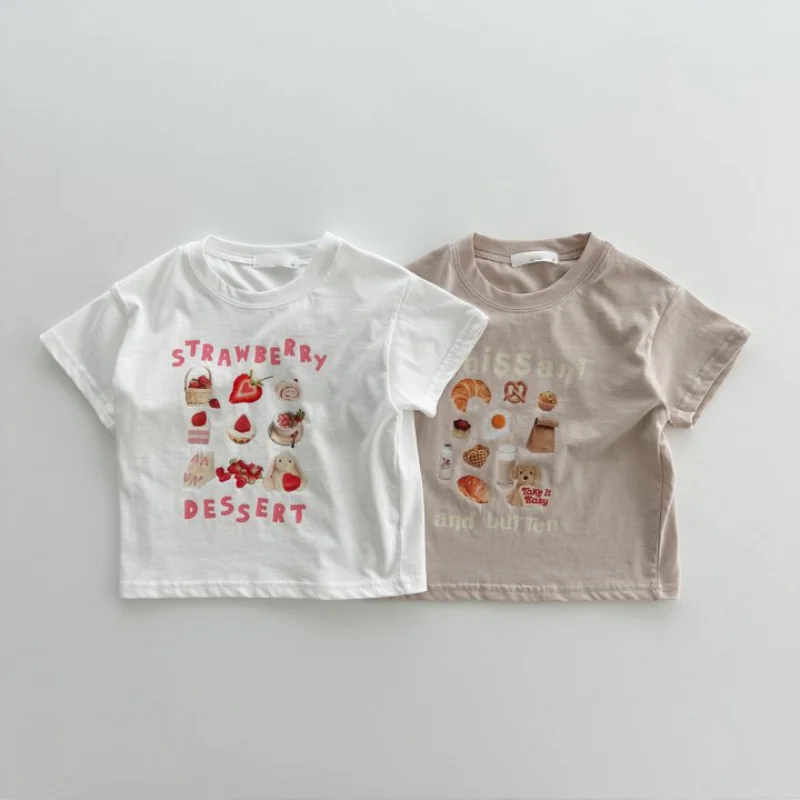 6656 Children T Shirt 2023 Summer New Food Print Girl's T-shirt Short Sleeve Tops Cartoon Cotton Boy's T Shirt Tees