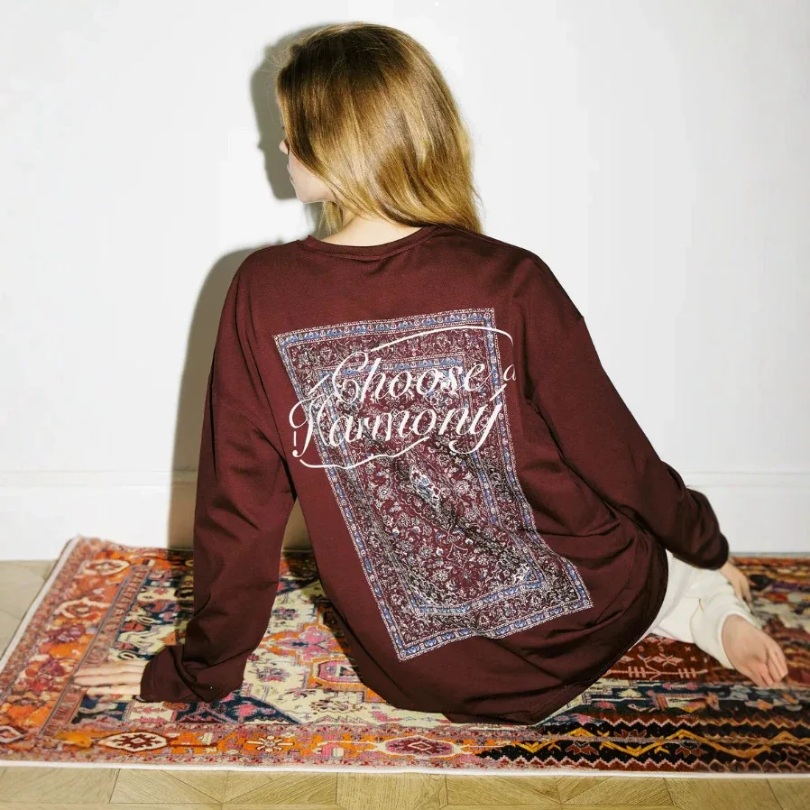 Y2K Boho Vintage Persian Rug Graphic Long Sleeve Cotton T Shirt Women Choose Harmony Letter Print Oversized Crew Neck Casual Tee