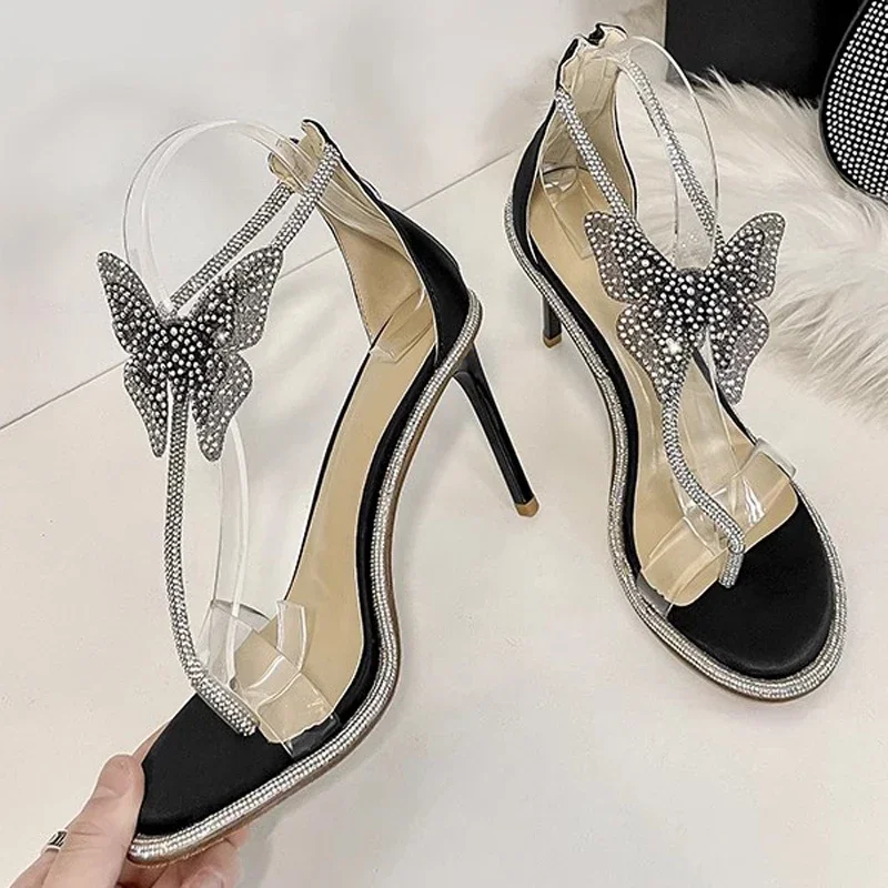 Crystal Mesh Butterfly T- Strap High Heels Sandals Women Rhinestone Sole Cutout Summer Wedding Shoes Open Toe Evening Shoes