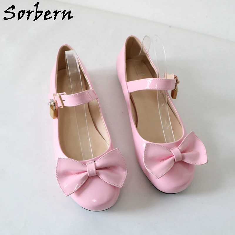 Sorbern Comfortable Lolita Cute Round Toe Shoes Pink Bow Lockable Straps Mary Jane Shoe Flat Heels Custom Color