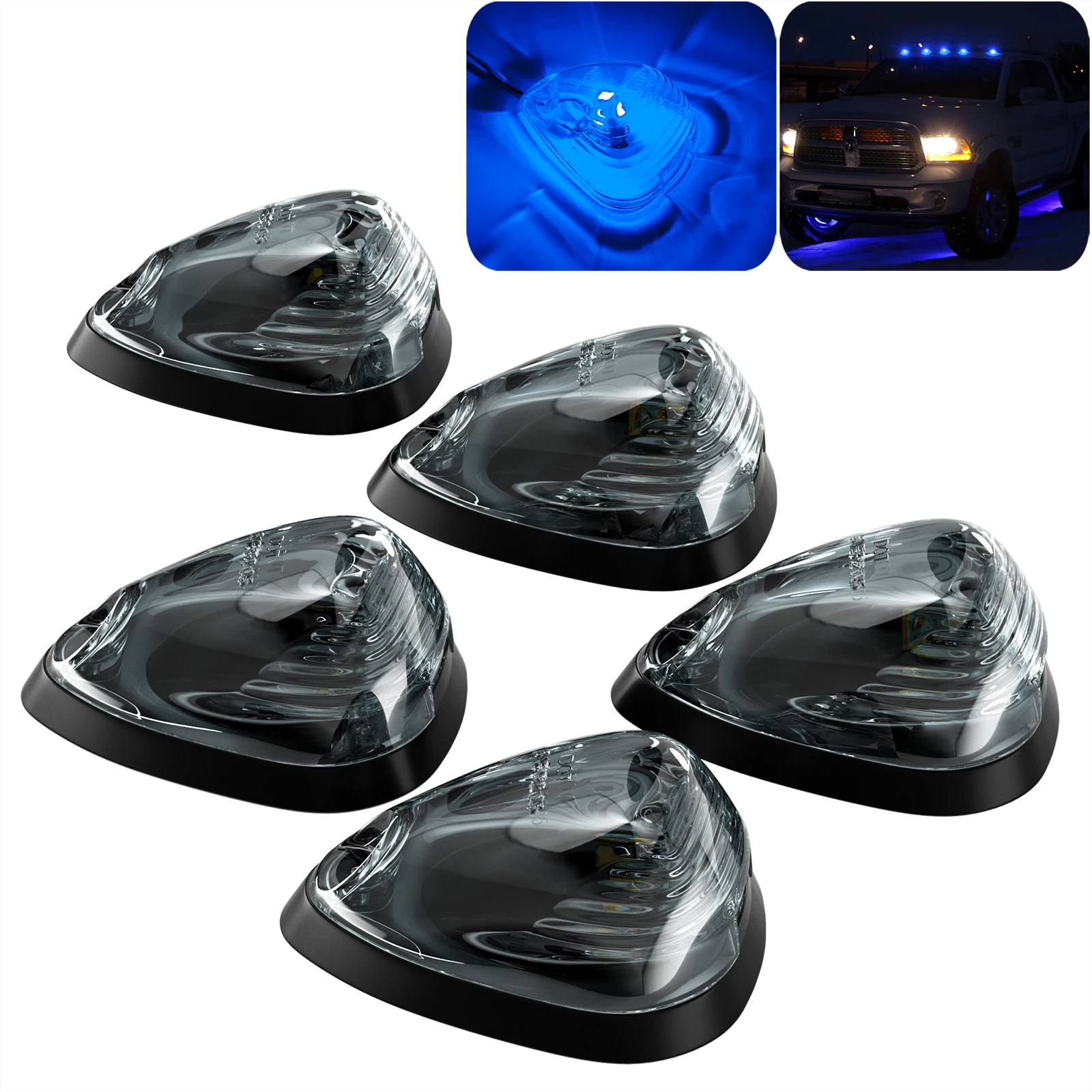 PSEQT 5Pcs Cab Roof Marker Lights Kit with Smoked Cover Blue LED 12V For 1999-2016 Ford F150 F250 F350 F450 F550 Trucks Pickup