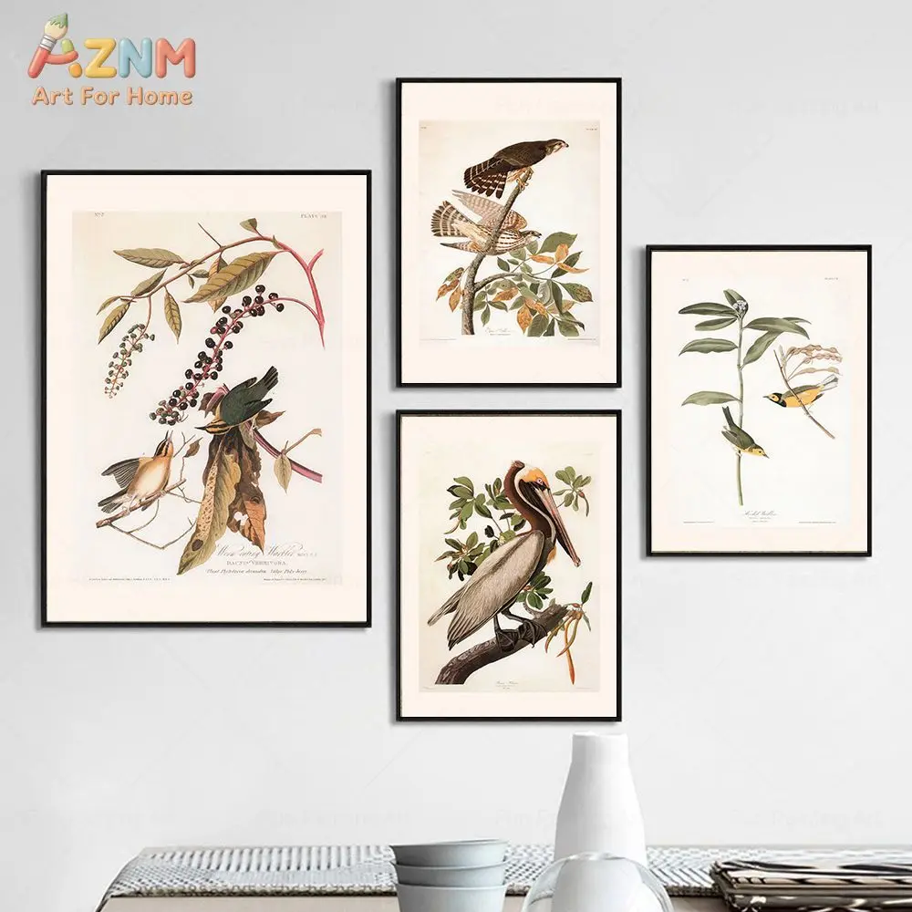 AZNM Vintage Audubon Bird Canvas Wall Art Retro Botanical Wild Birds Leaf Antique Illustration Unframed Print For Farmhouse Livi view 3