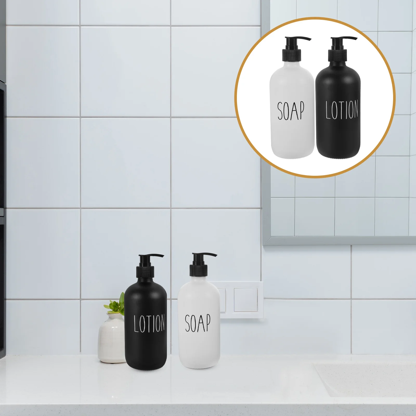 

2Pcs Pump Bottle Dispensers Reusable Glass Lotion Soap Shampoo Bottles with Tray Bathroom Countertop Dispenser