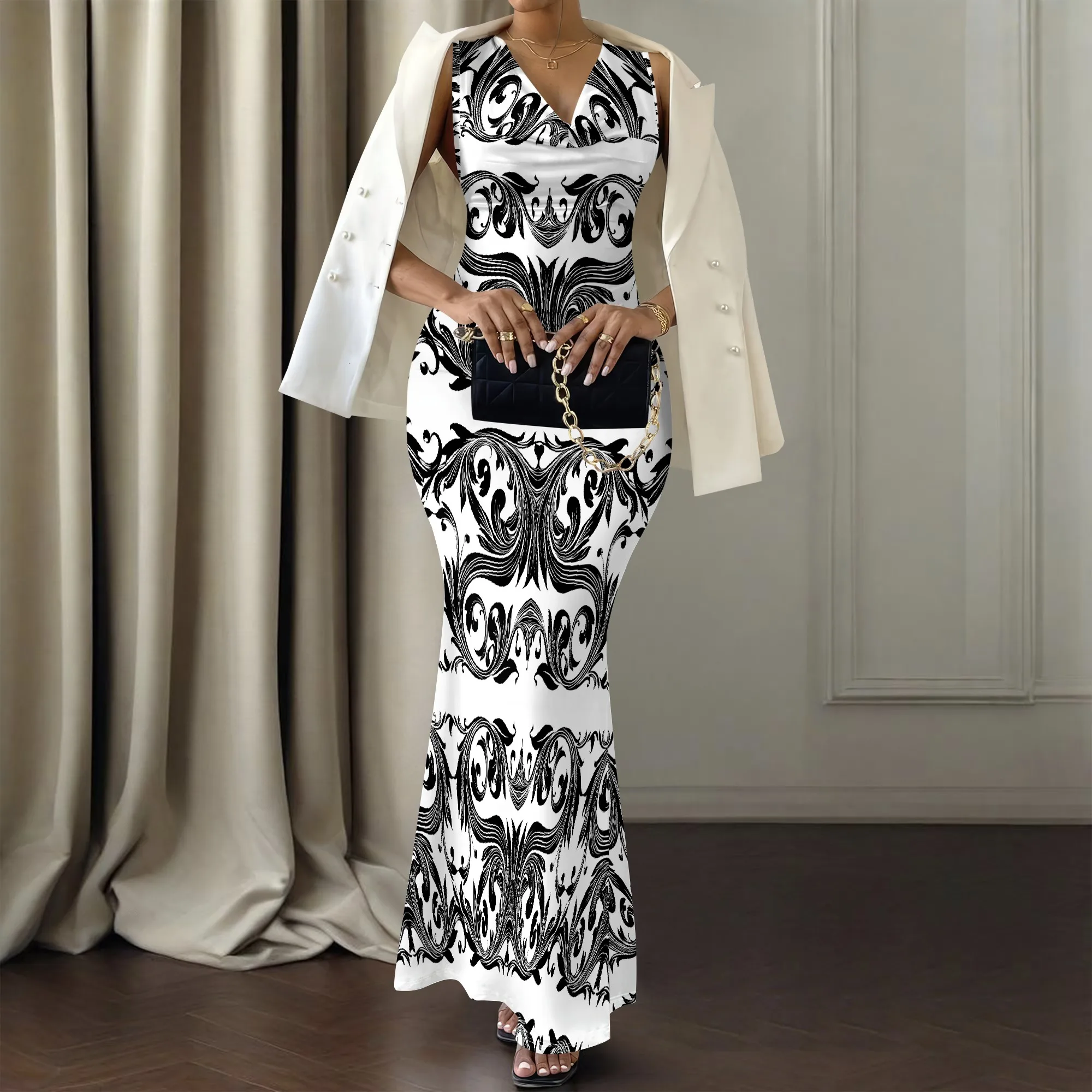 Black and White Swirl Print Bodycon Maxi Dress - Chic Style for Evening Events & Cocktail Parties | XS-2XL