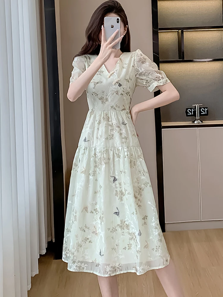 Letnia szyfonowa sukienka midi z krótkim rękawem i dekoltem w szpic dla kobiet Elegancka sukienka wakacyjna 2025 Koreańska sukienka jednoczęściowa Bodycon