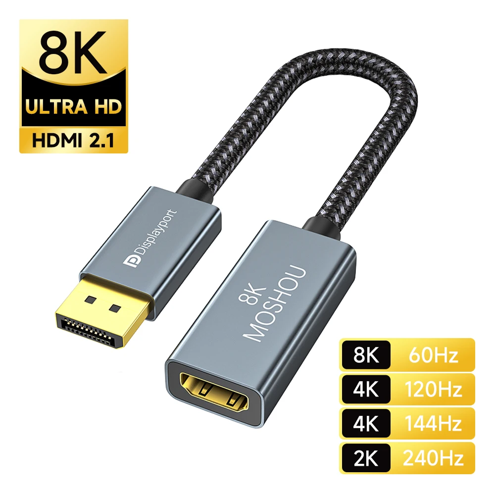 

DisplayPort 1.4 to HDMI Adapter DP 1.4 to HDMI 2.1 Ultra HD 8K60Hz Male to Female Cable Converter for RTX 3080/3090 RX 6800/6900