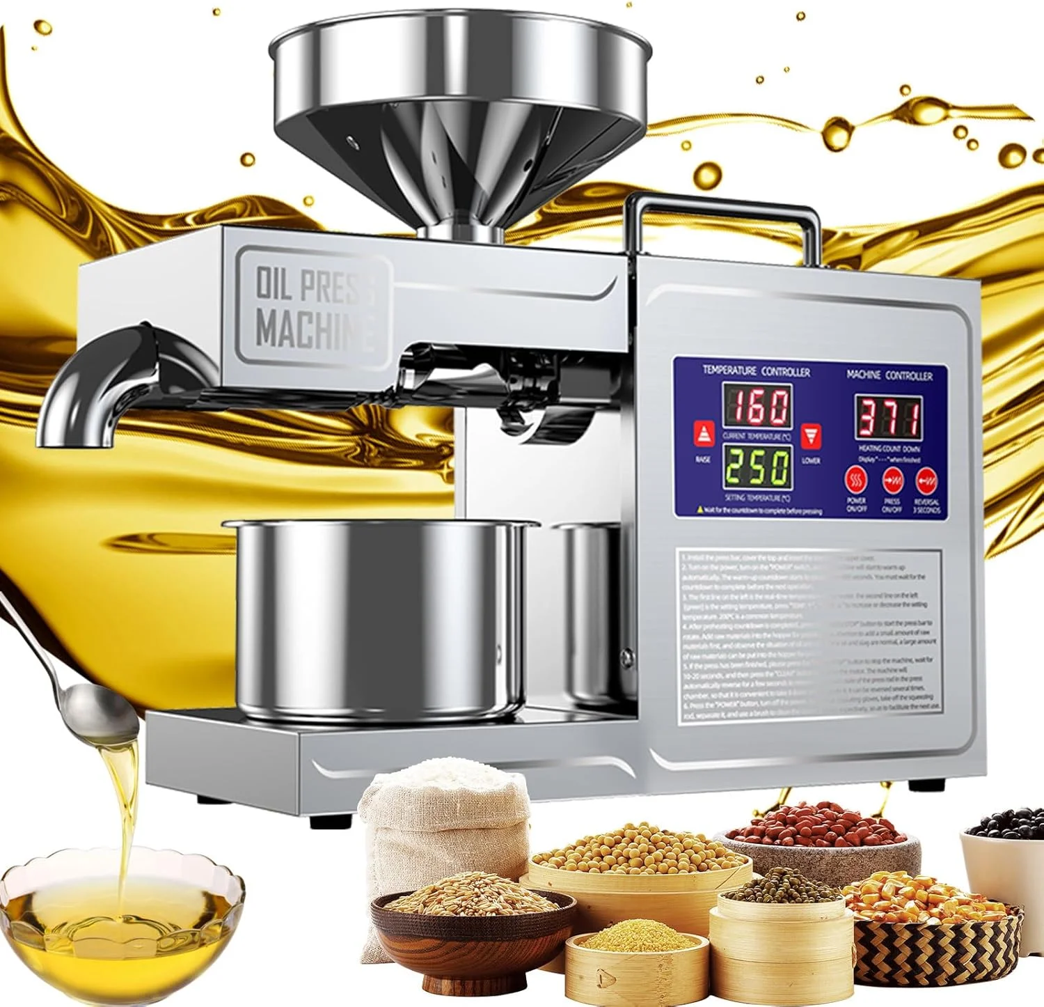 NEW 2025 Model 304 Stainless Steel Oil Press Machine Large Capacity for Peanut,Sunflower,Sesame Seeds Easy Clean, Low Noise