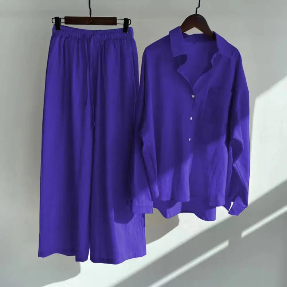 Conjunto de calças compridas femininas de linho de algodão conjunto de calças de perna larga conjunto de duas peças vintage manga longa botão blusa calças retas ternos casuais