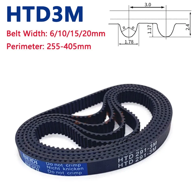 

HTD3M Timing Belt Rubber Closed Loop Synchronous Belt Arc Tooth Drive Belt Perimeter 255-405mm Width 6mm 10mm 15mm 20mm 1Pc