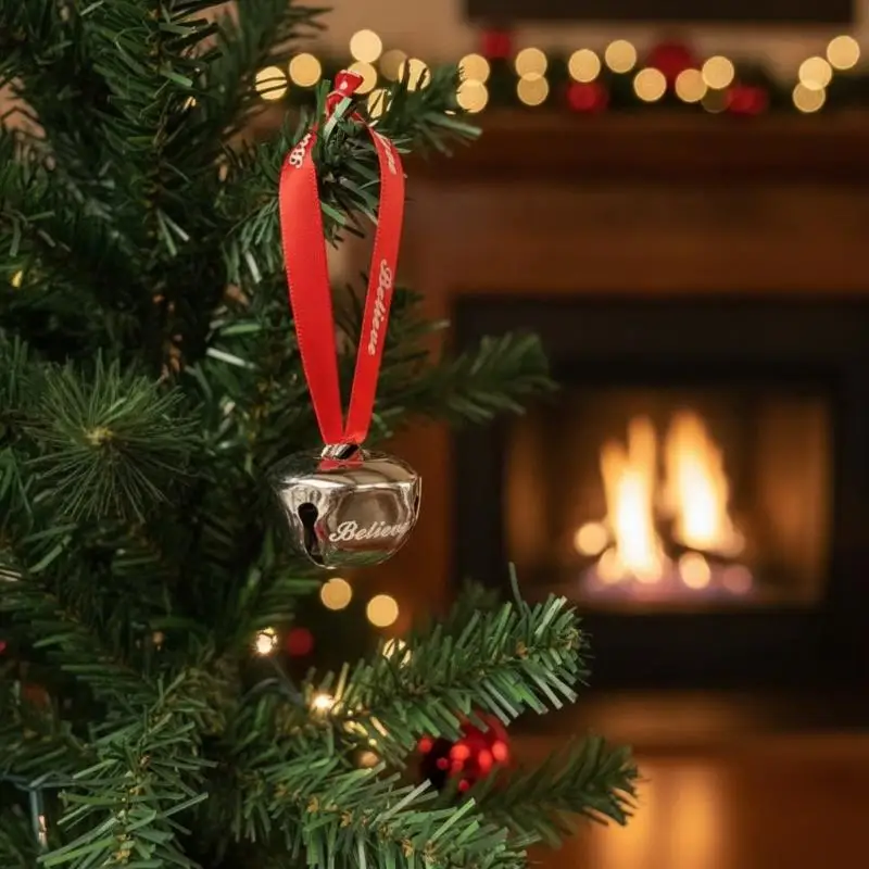 Christmas Jingle Bells Polished Silver Metal with Believe Print Red Ribbons for Holiday Party Decoration