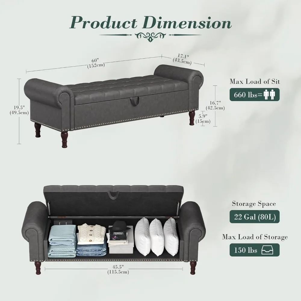 مقعد نافذة منجد بأزرار معنقدة مع مساحة تخزين مخفية، 60 مقعد عثماني من الجلد الصناعي لمساحة واسعة #2