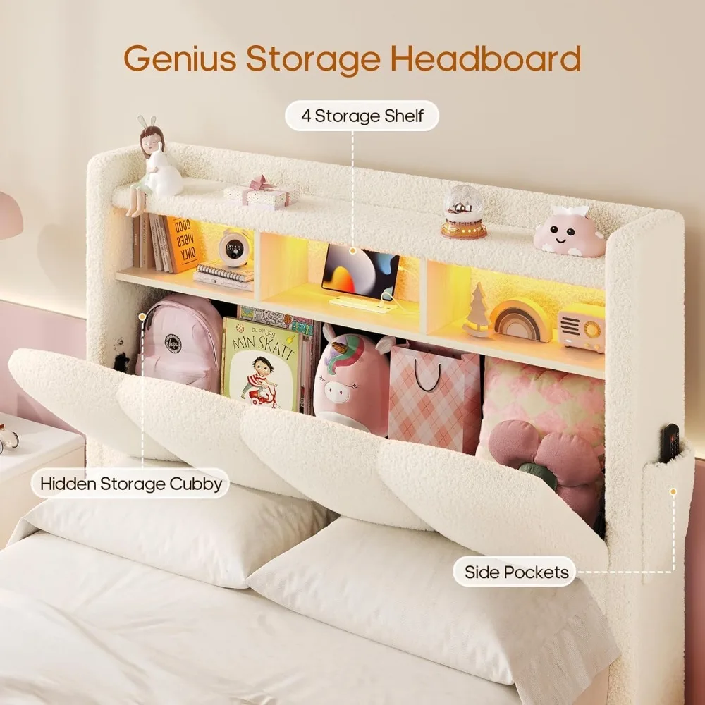 إطار سرير مزدوج للتخزين مع لوح أمامي ومنصة منجدة هيدروليكية وأضواء LED ومحطة شحن باللون البيج #3