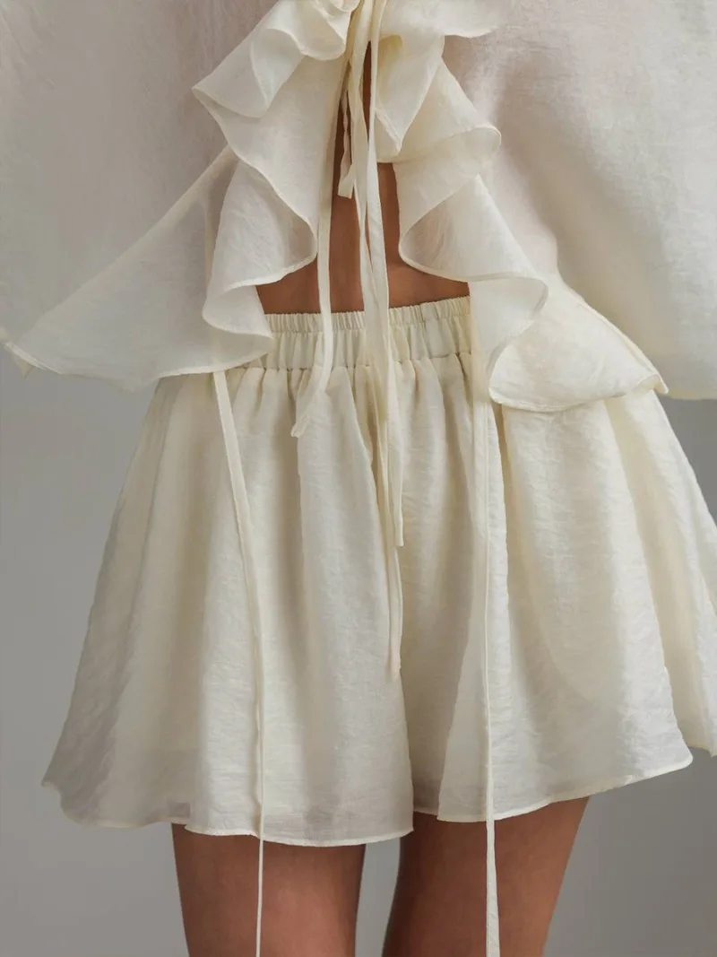 

Ruffles 2 Piece Set Women Solid Lace Up V Neck Flare Long Sleeve Blouses Top + Matching Loose Shorts Holiday Outfits Street Suit