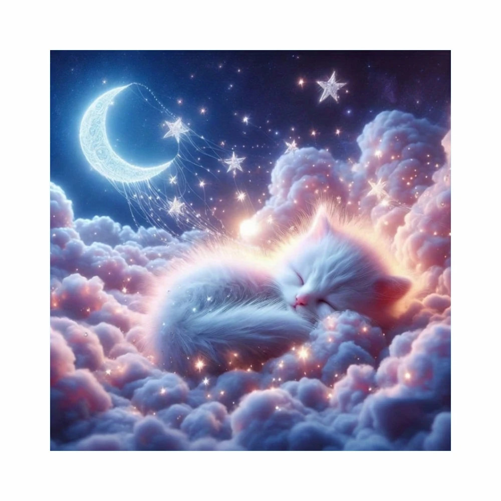 Pintura de Diamantes 5D con Perforación Completa, Gatito Blanco Durmiendo en una Nube Rosa, Luna Creciente y Cielo Estrellado, Decoración de Pared con Diamantes de Imitación, Regalo DIY