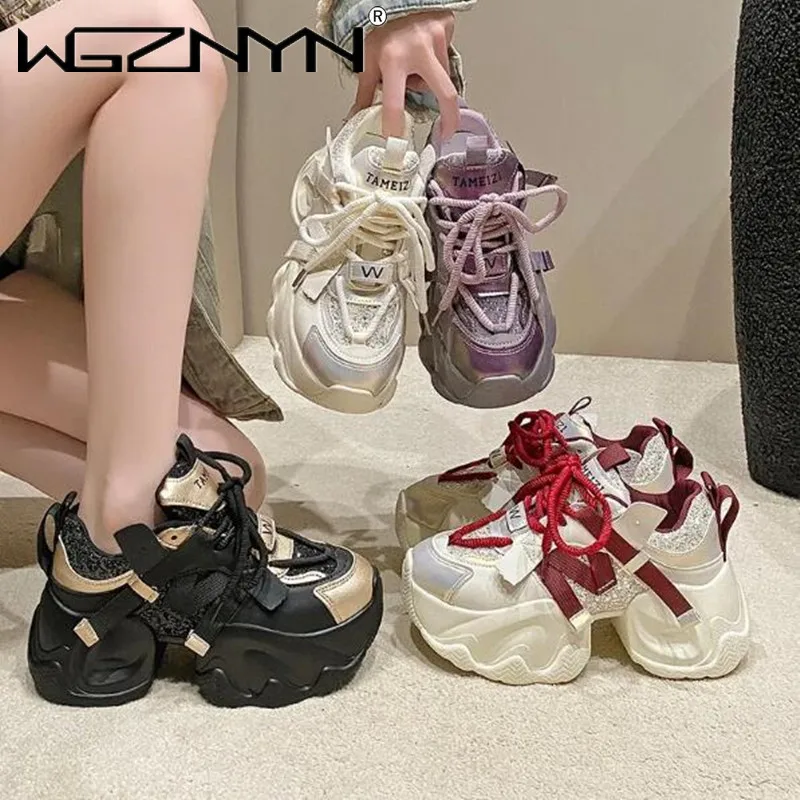 2025 Women Autumn Spring Chunky Sneakers Thick Bottom Leather High Platform Vulcanize Shoe Bling Casual Sports Dad Shoes 6.5CM