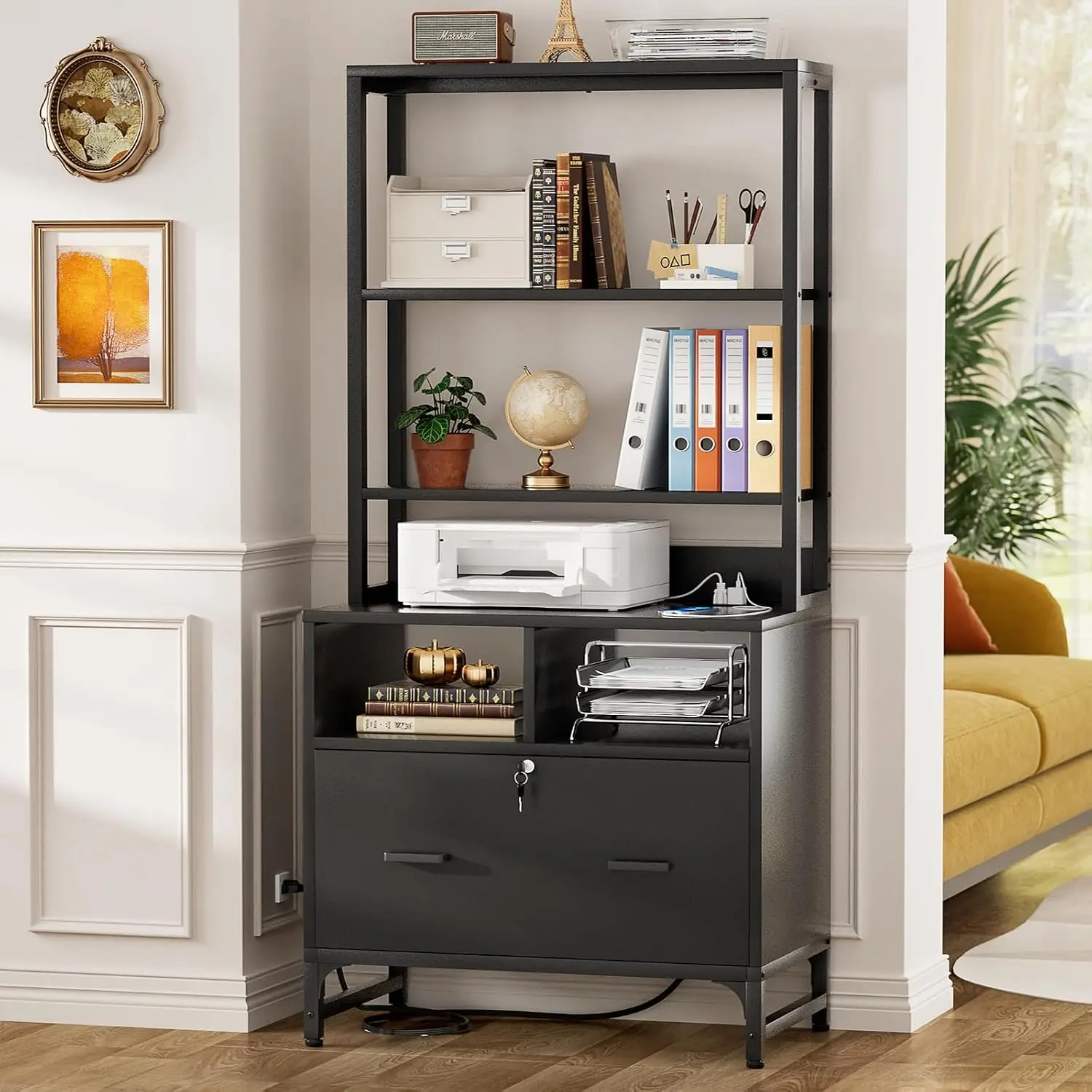 Vertical File Cabinet with Charging Station & Lock, Printer Stand with Storage Shelves, fits Letter/A4/Legal, Customized