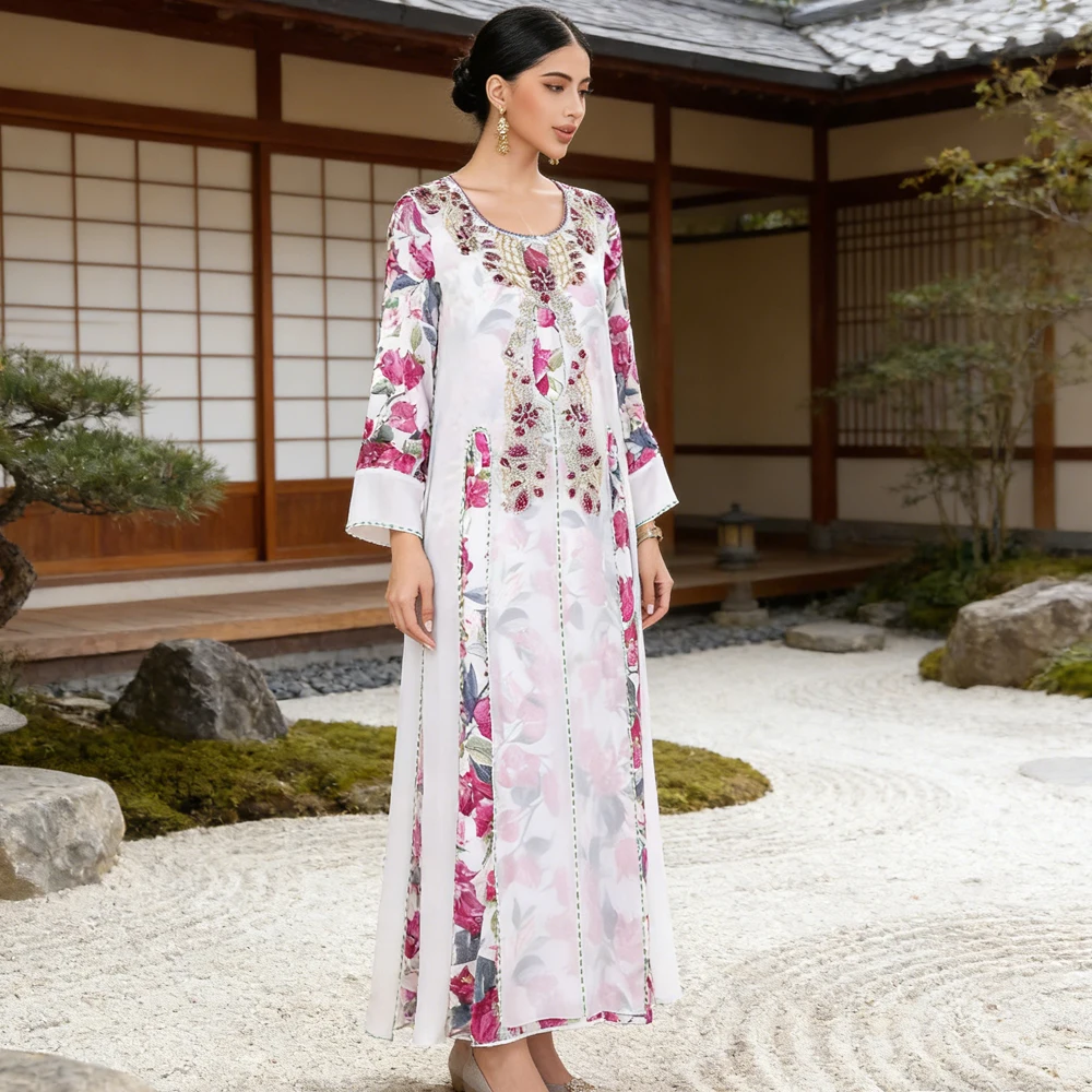 

Luxury Diamonds Dubai Abaya Women Muslim Hijab Dress Floral Print Jalabiya Morocco Kaftan Eid Djellaba Ramadan Islam Clothing