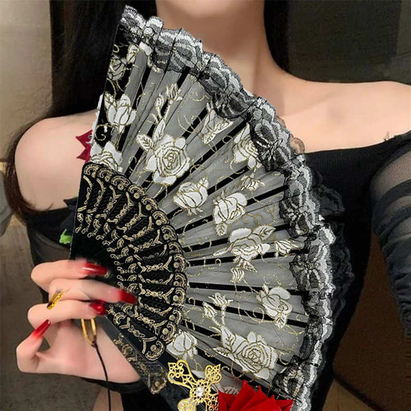 LED Luminous Flower Dark Lolita Folding Fan Retro Rose Lace Hand Fan Glowing Elegant Fan for Halloween Dance Show Cosplay Props