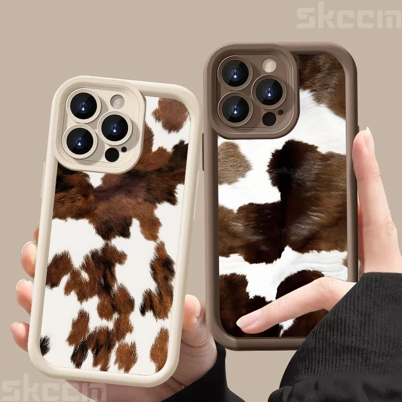 خمر براون جلد البقر نمط جراب هاتف آيفون 16 برو ماكس 15 14 13 12 11 16E 7 8 زائد X XS XR ماتي للصدمات غطاء ناعم