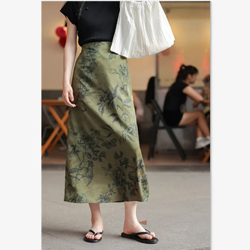 ฤดูร้อนใหม่ซาตินกระโปรงผู้หญิงวินเทจจีนพิมพ์สูงเอว Slim ห่อสะโพกแยกกระโปรงยาวหรูหราเสื้อผ้าแฟชั่น