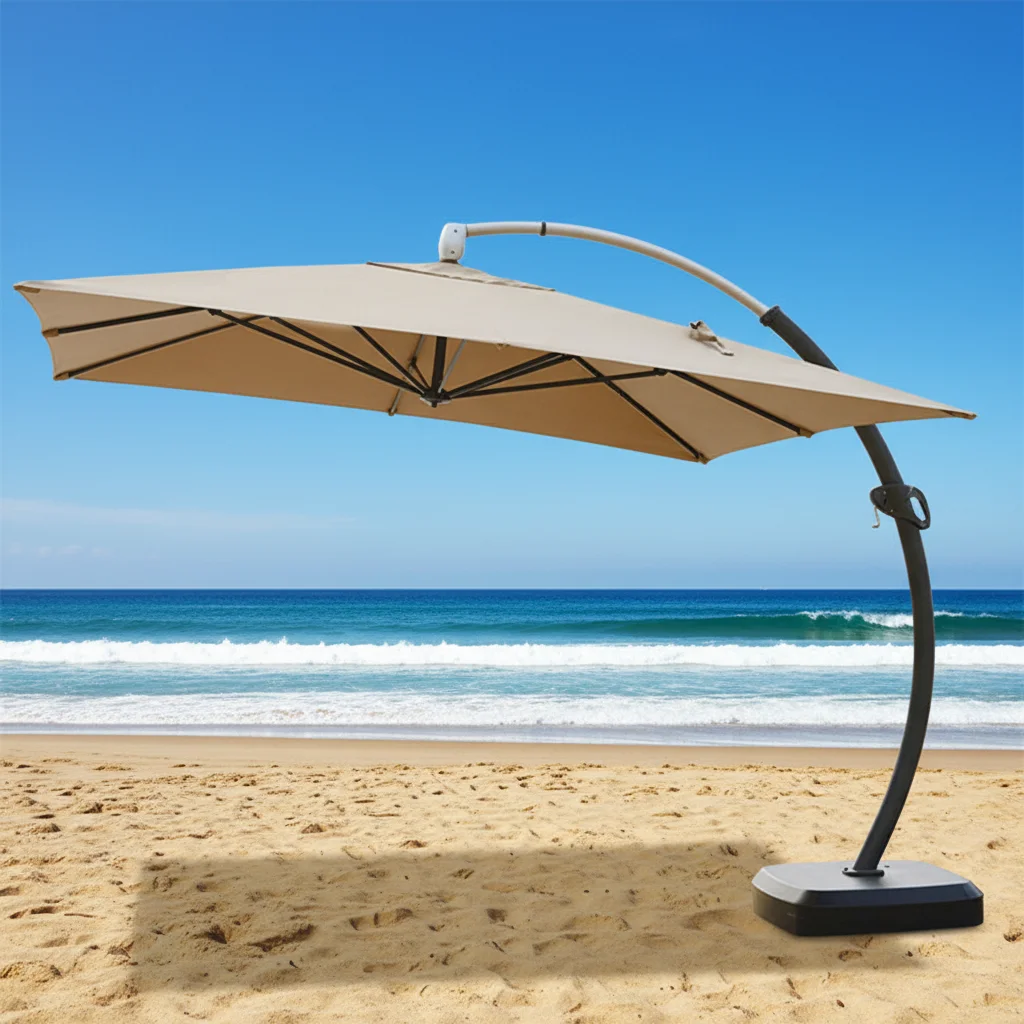 

Большой уличный зонт-парасоль из алюминиевого сплава с изогнутой спинкой, универсальный дизайн, роскошная пляжная мебель для улицы, вращающийся механизм