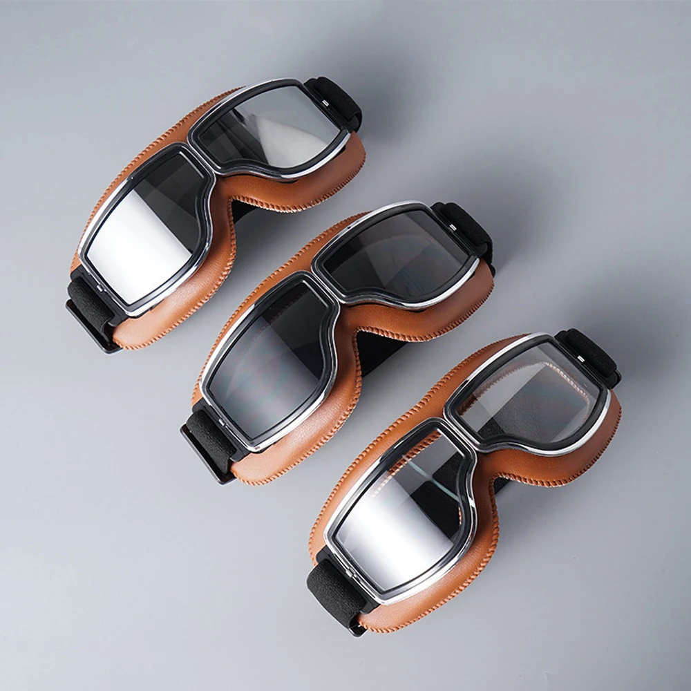 

Leather Motorcycle Goggles Vintage Pilot Glasses Windproof Universal Outdoor Bicycle Cycling Ski Goggles