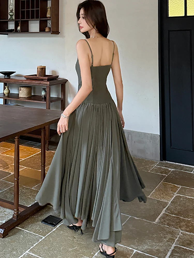 ฤดูร้อนPatchworkจีบA-Lineชุดยาวผู้หญิงสบายๆชุดสลิง 2025 เกาหลีVINTAGE Bodycon Luxury Nightชุด