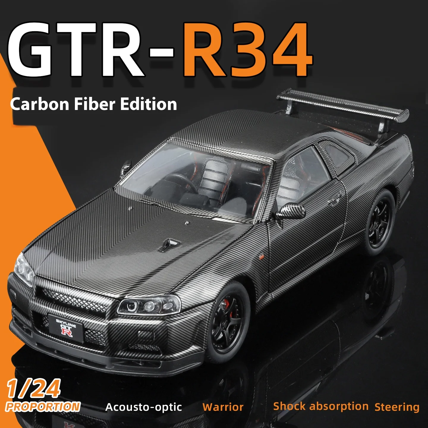 

1/24-scale GTR-R34 carbon fiber version car model, simulated sound and light, tire shock absorption, collectible ornament gifts