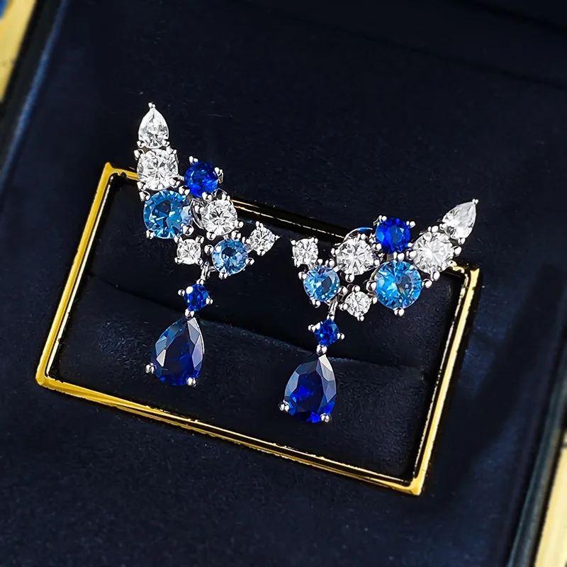 

New S925 Silver Flower Cluster Brocade Full Diamond Earrings Fashion Blue Diamond Earrings Light Luxury Wedding Jewelry